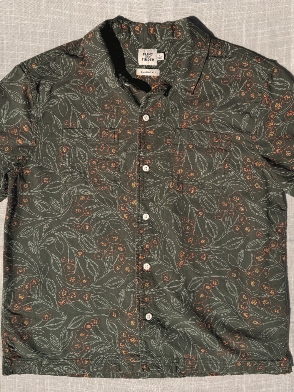 Flint & Tinder Camp Collar Shirt Olive Embroidered Cotton Button-Up Men’s L